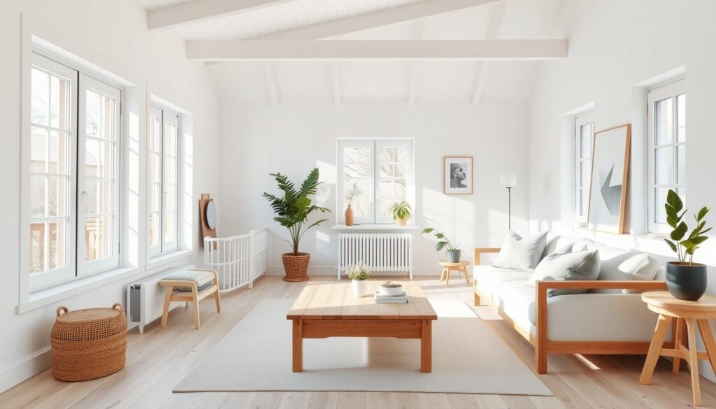 Lichte woonkamer met houten meubels, een salontafel en verschillende planten in potten.