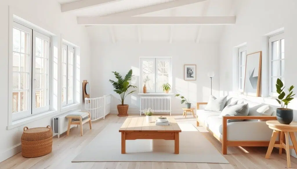 Lichte woonkamer met houten meubels, een salontafel en verschillende planten in potten.