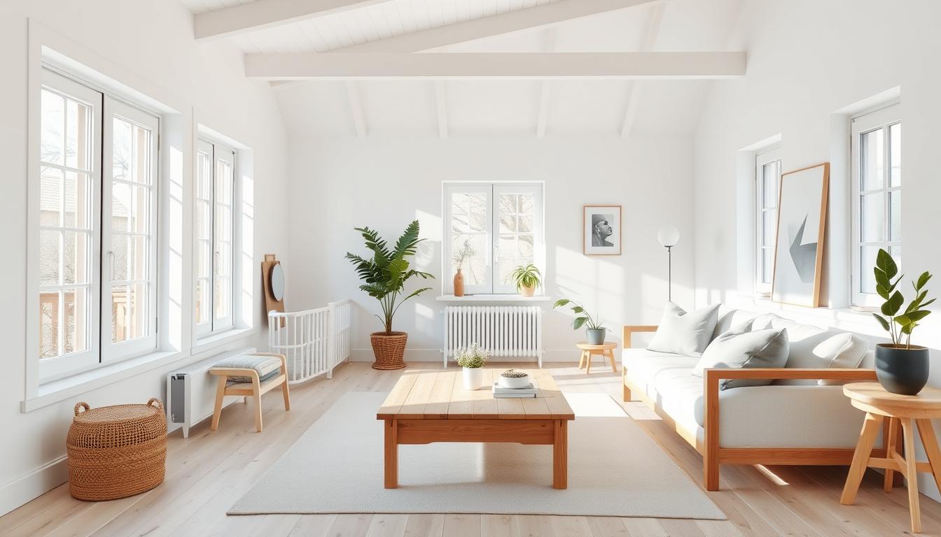 Lichte woonkamer met houten meubels, een salontafel en verschillende planten in potten.