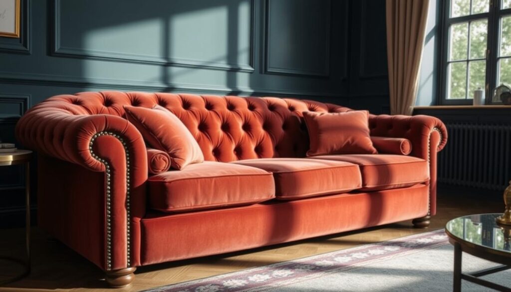 Schoon en goed onderhouden fluwelen meubel in een stijlvol interieur Schoon en goed onderhouden fluwelen meubel in een stijlvol interieur