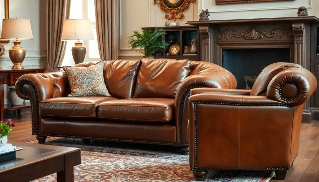 Schoon en goed onderhouden leren meubels in een elegante woonkamer Schoon en goed onderhouden leren meubels in een elegante woonkamer