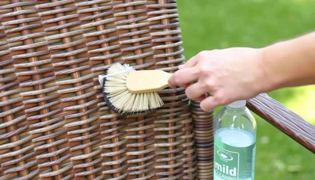 Schoon maken met een zachte borstel tussen de vlechtwerk Schoon maken met een zachte borstel tussen de vlechtwerk