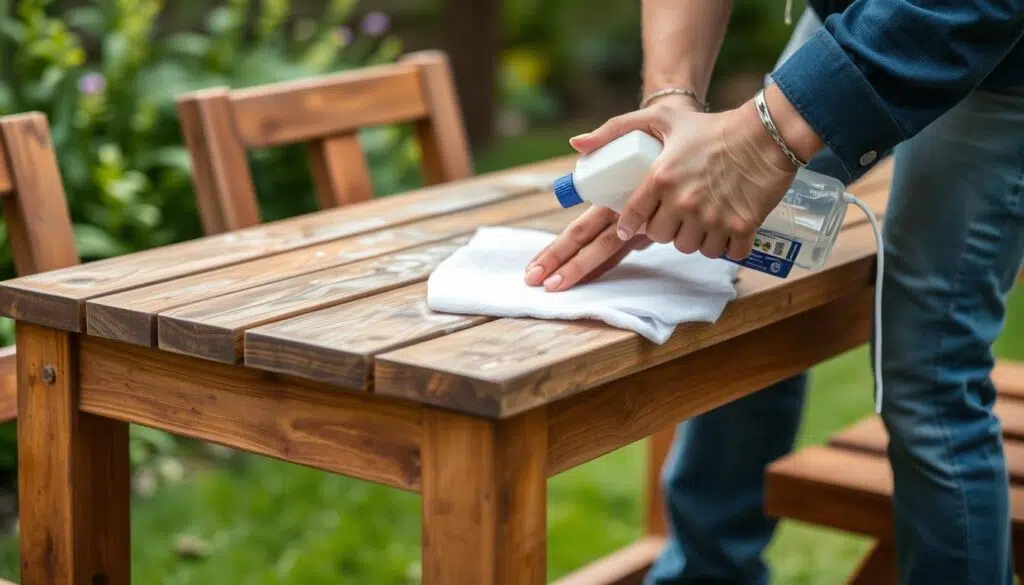 Schoonmaken van een tuinmeubel met speciale reiniger Schoonmaken van een tuinmeubel met speciale reiniger