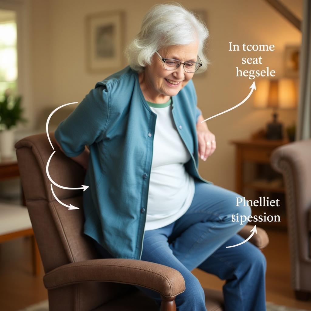 Senior die gemakkelijk opstaat uit een stoel met comfortabele zithoogte Senior die gemakkelijk opstaat uit een stoel met comfortabele zithoogte