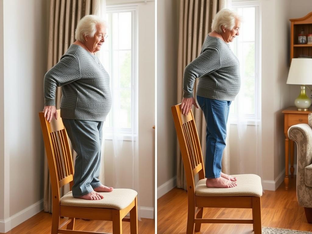 Senior die gemakkelijk opstaat van een stoel met hoge zithoogte Senior die gemakkelijk opstaat van een stoel met hoge zithoogte