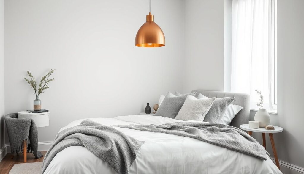 Serene grijze slaapkamer met statement lamp Serene grijze slaapkamer met statement lamp