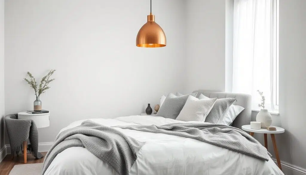 Serene grijze slaapkamer met statement lamp Serene grijze slaapkamer met statement lamp
