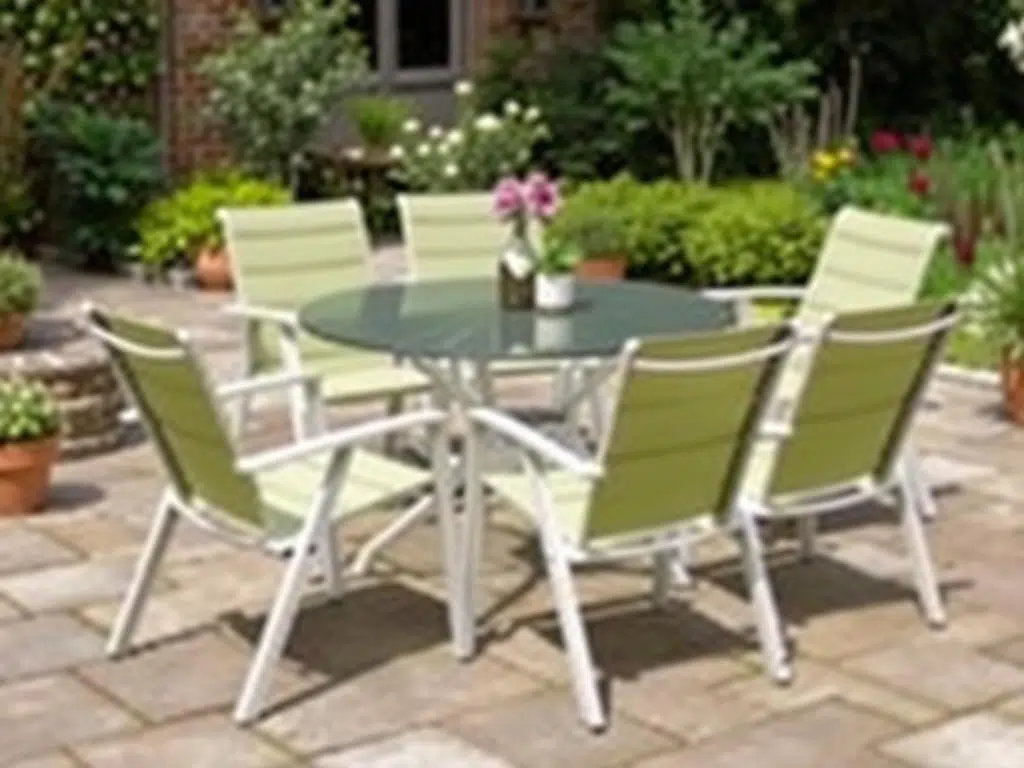Set tuinstoelen van weerbestendig materiaal rond een tuintafel op een terras Set tuinstoelen van weerbestendig materiaal rond een tuintafel op een terras