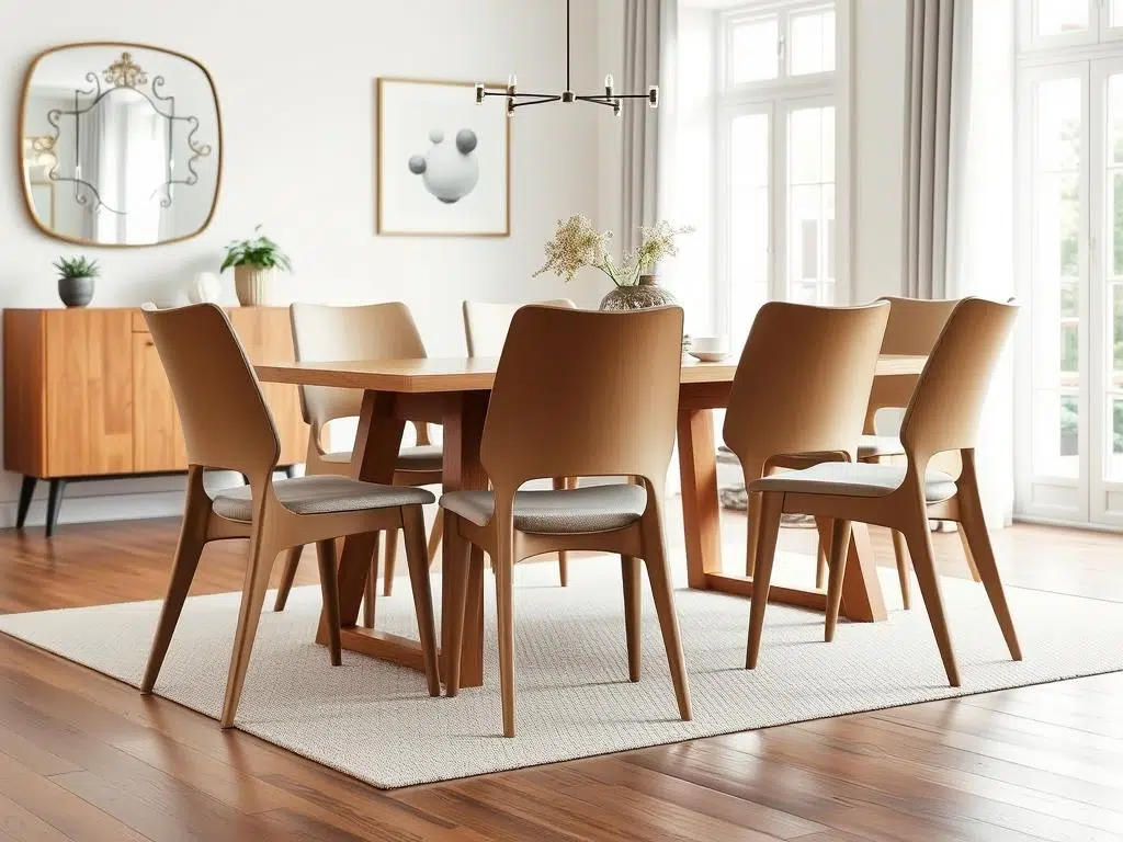 Set van moderne eetkamerstoelen rond een houten eettafel in een lichte eetkamer Set van moderne eetkamerstoelen rond een houten eettafel in een lichte eetkamer