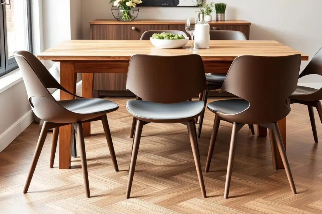 Set van moderne eetkamerstoelen zonder armleuningen rond een houten eettafel Set van moderne eetkamerstoelen zonder armleuningen rond een houten eettafel