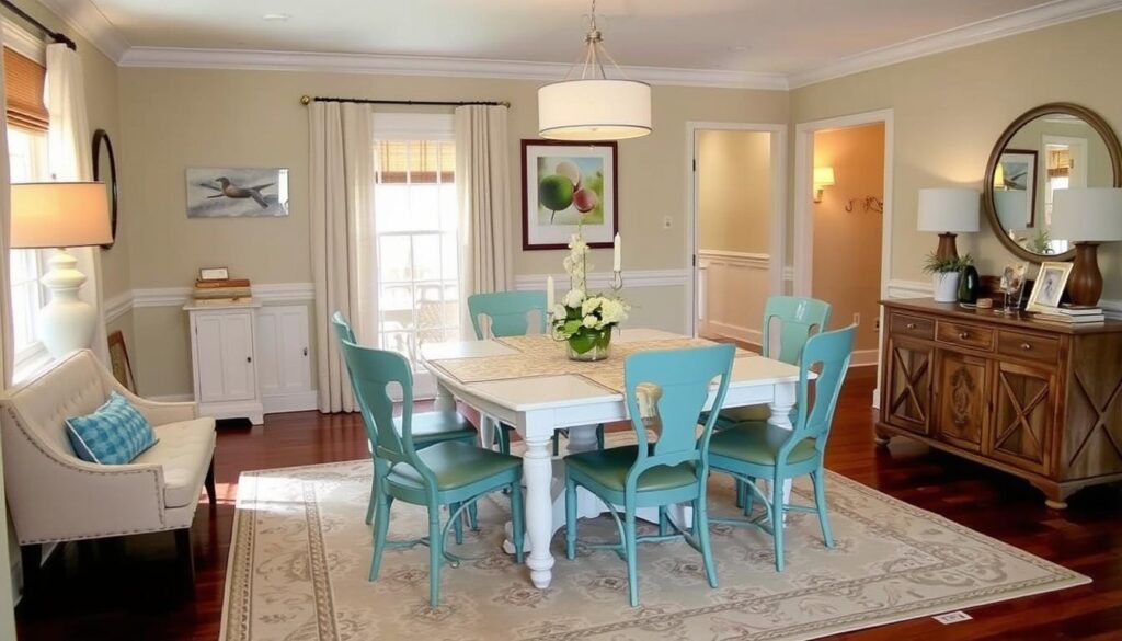 Sfeervolle eetruimte met witte tafel, gekleurde stoelen en bijpassende accessoires Sfeervolle eetruimte met witte tafel, gekleurde stoelen en bijpassende accessoires