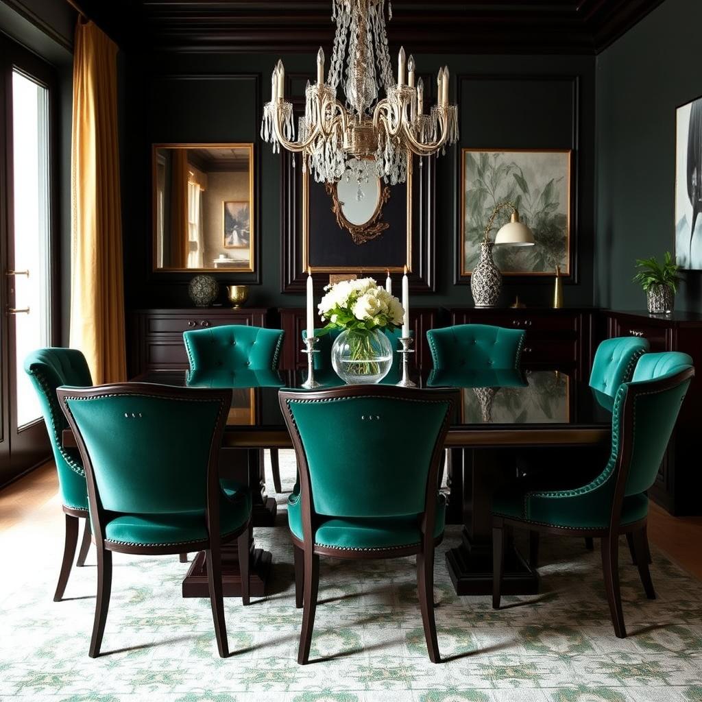 Smaragdgroene fluwelen stoelen bij een donkere tafel voor een luxe uitstraling Smaragdgroene fluwelen stoelen bij een donkere tafel voor een luxe uitstraling