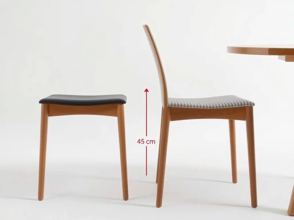 Standaard eetkamerstoel met normale zithoogte van 45 cm naast een eettafel