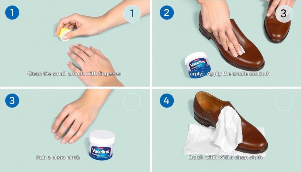 Stapsgewijze demonstratie van het correct aanbrengen van Vaseline op een leren schoen Stapsgewijze demonstratie van het correct aanbrengen van Vaseline op een leren schoen