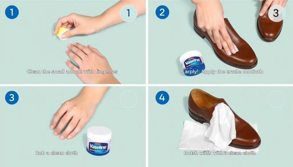 Stapsgewijze demonstratie van het correct aanbrengen van Vaseline op een leren schoen Stapsgewijze demonstratie van het correct aanbrengen van Vaseline op een leren schoen