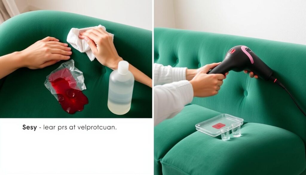 Stapsgewijze demonstratie van het reinigen van een vlek op velvet stof Stapsgewijze demonstratie van het reinigen van een vlek op velvet stof