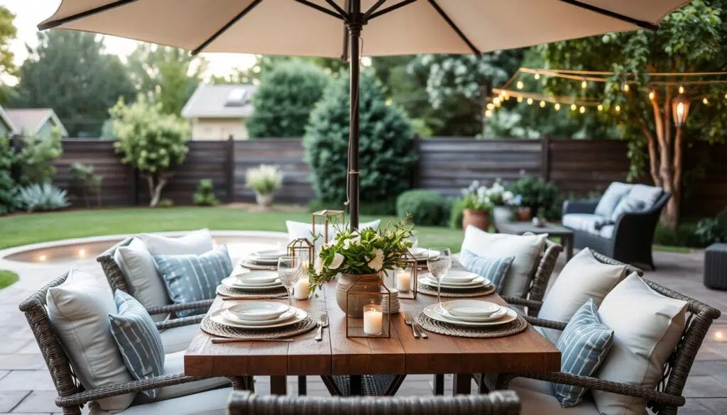 Stijlvolle accessoires voor een buitentafel inclusief parasol, kussens en verlichting Stijlvolle accessoires voor een buitentafel inclusief parasol, kussens en verlichting