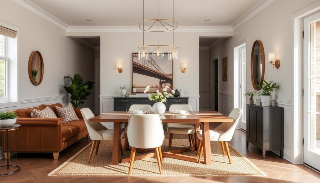 Stijlvolle eethoek met bruine bank en perfect bijpassende eetkamerstoelen Stijlvolle eethoek met bruine bank en perfect bijpassende eetkamerstoelen