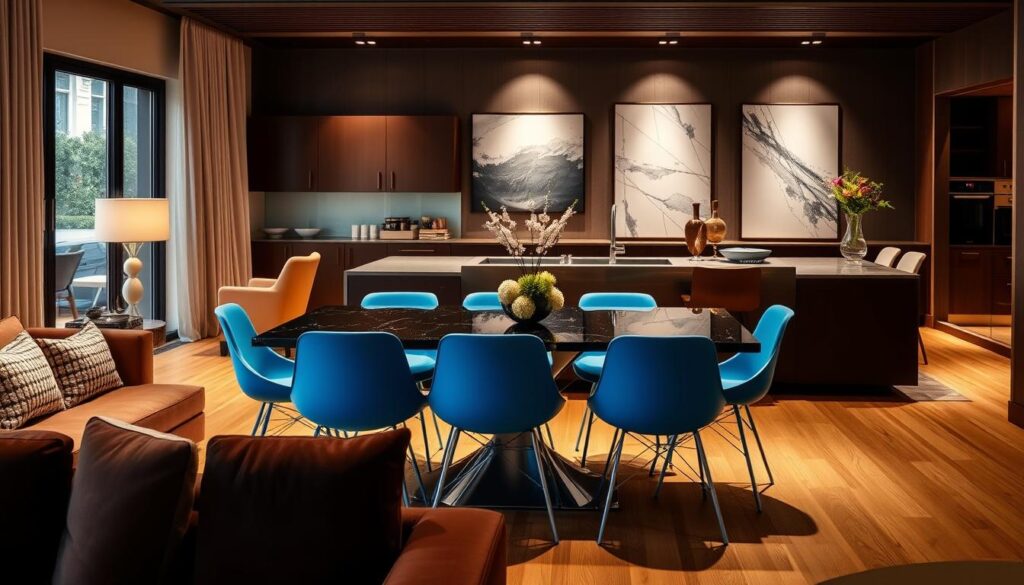 Stijlvolle eetkamer met chocoladebruine bank en blauwe eetkamerstoelen Stijlvolle eetkamer met chocoladebruine bank en blauwe eetkamerstoelen