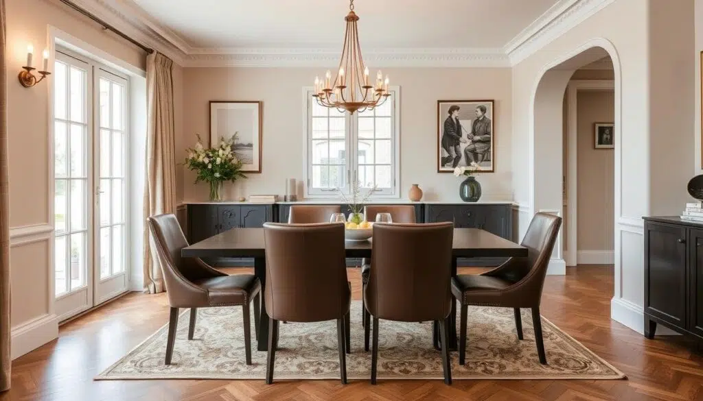 Stijlvolle eetkamer met imitatieleer eetkamerstoelen Stijlvolle eetkamer met imitatieleer eetkamerstoelen