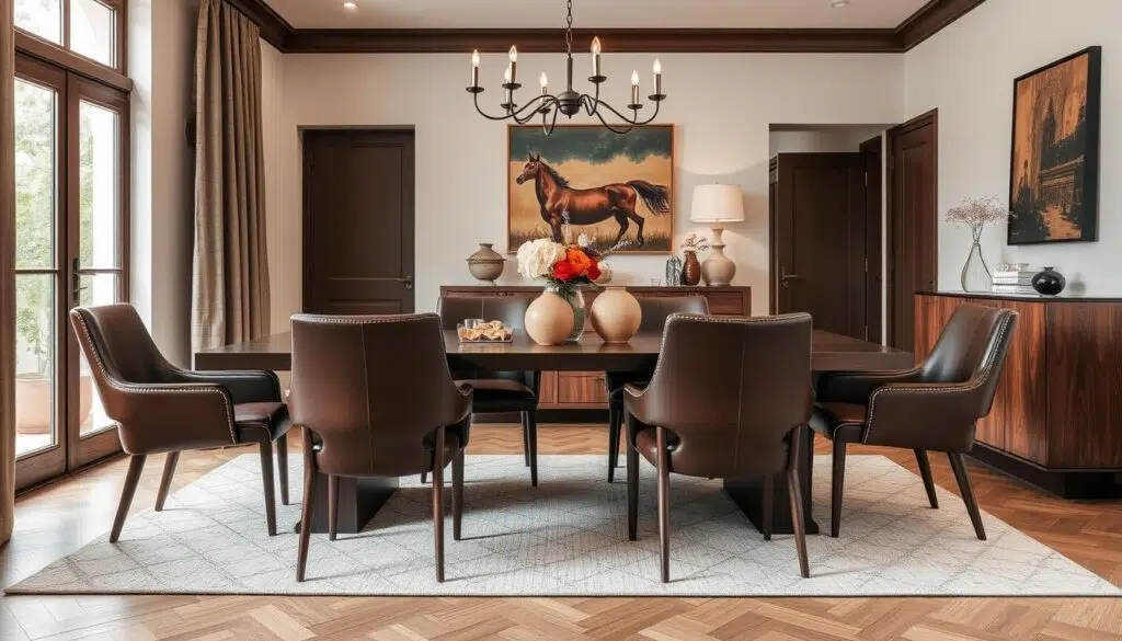 Stijlvolle eetkamer met leren eetkamerstoelen die perfect in het interieur passen Stijlvolle eetkamer met leren eetkamerstoelen die perfect in het interieur passen