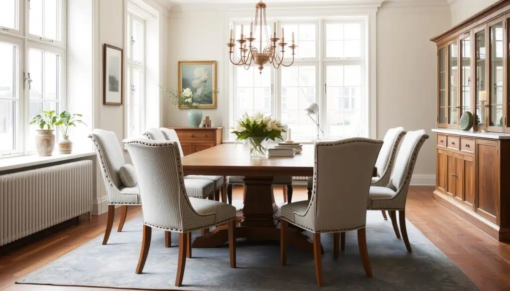 Stijlvolle eetkamer met opnieuw beklede stoelen in verschillende stijlen Stijlvolle eetkamer met opnieuw beklede stoelen in verschillende stijlen