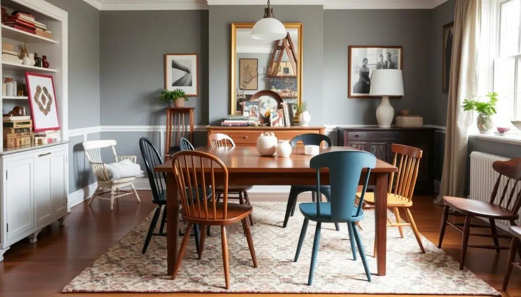 Stijlvolle eetkamer met persoonlijke mix van houten tafel en verschillende stoelen Stijlvolle eetkamer met persoonlijke mix van houten tafel en verschillende stoelen