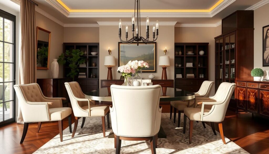 Stijlvolle eetkamer met stoelen rond een eettafel Stijlvolle eetkamer met stoelen rond een eettafel