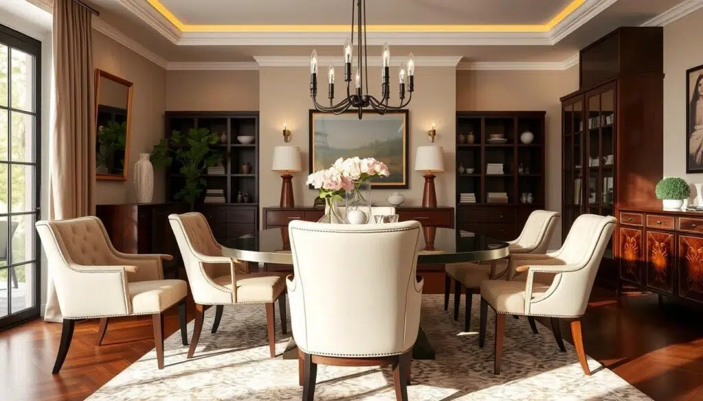 Stijlvolle eetkamer met stoelen rond een eettafel Stijlvolle eetkamer met stoelen rond een eettafel