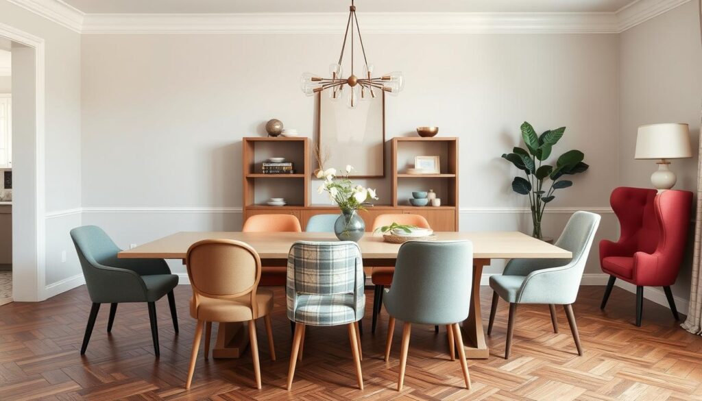 Stijlvolle eetkamer met verschillende eetkamerstoelen die een samenhangend geheel vormen