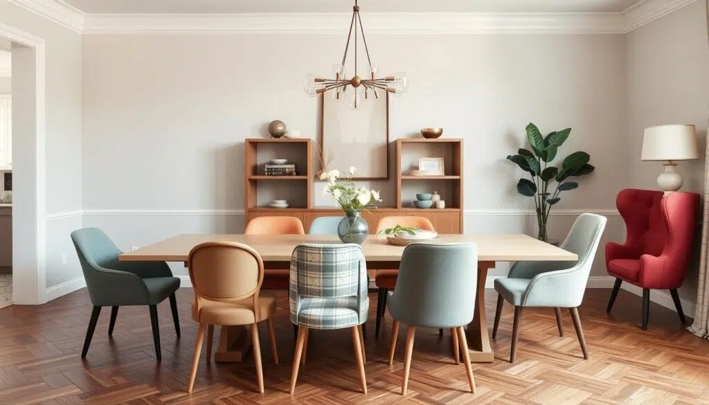 Stijlvolle eetkamer met verschillende eetkamerstoelen die een samenhangend geheel vormen Stijlvolle eetkamer met verschillende eetkamerstoelen die een samenhangend geheel vormen
