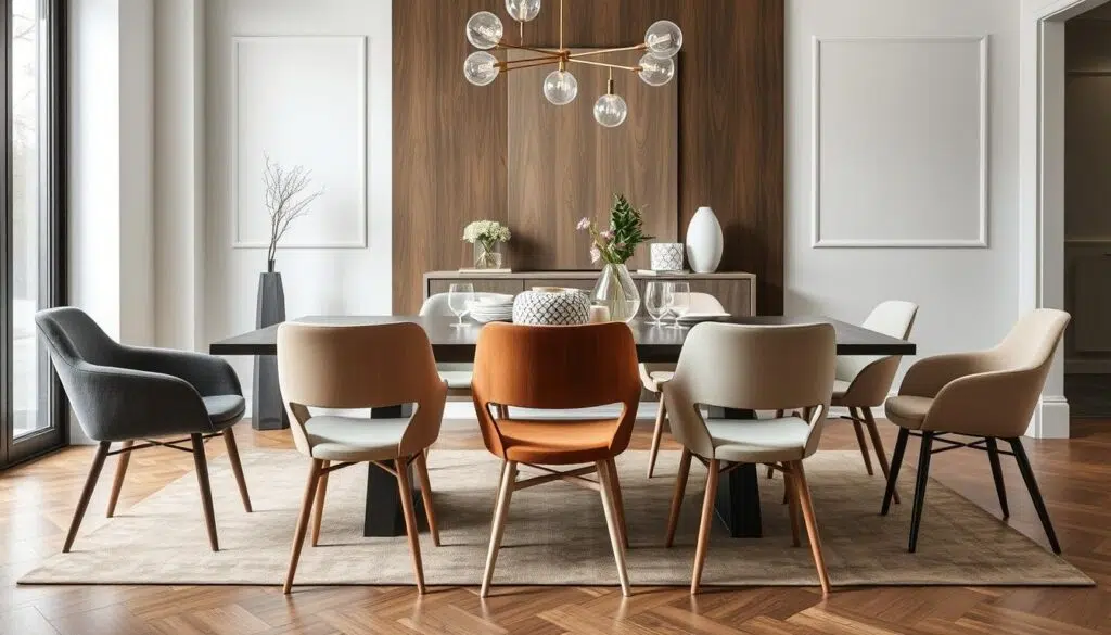 Stijlvolle eetkamer met verschillende stoelen zonder armleuningen in een harmonieus geheel Stijlvolle eetkamer met verschillende stoelen zonder armleuningen in een harmonieus geheel