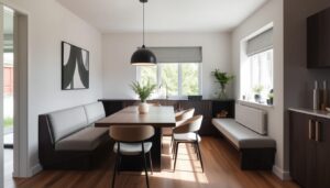 Stijlvolle eetkamerbank in een moderne eethoek die ruimte bespaart