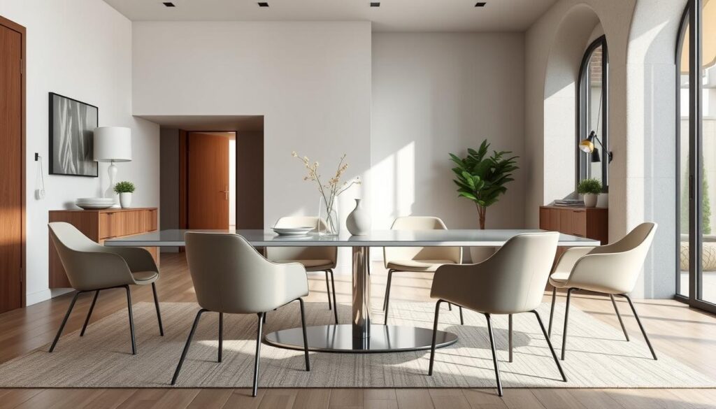 Stijlvolle eetkamerstoelen zonder armsteun in een modern interieur Stijlvolle eetkamerstoelen zonder armsteun in een modern interieur