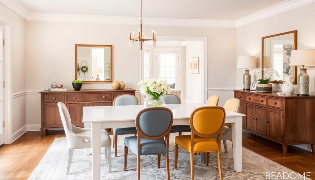 Stijlvolle eetruimte met witte tafel en perfect gekozen stoelen in complementaire kleuren Stijlvolle eetruimte met witte tafel en perfect gekozen stoelen in complementaire kleuren