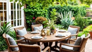 Stijlvolle eettafel voor buiten in een Nederlandse tuin met gedekte tafel en comfortabele stoelen