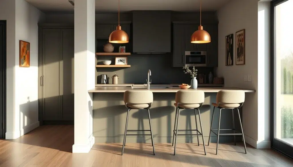 Stijlvolle keuken met perfect geplaatste stoelen die alle besproken richtlijnen volgen Stijlvolle keuken met perfect geplaatste stoelen die alle besproken richtlijnen volgen