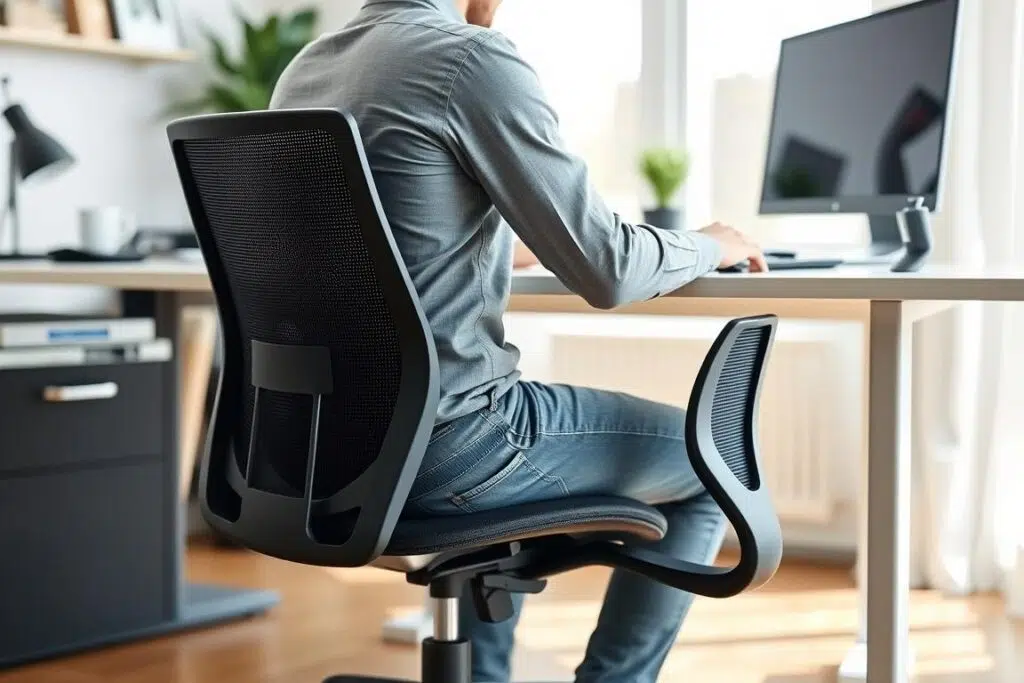 Stoel in gebruik aan een bureau in een thuiskantoor Stoel in gebruik aan een bureau in een thuiskantoor