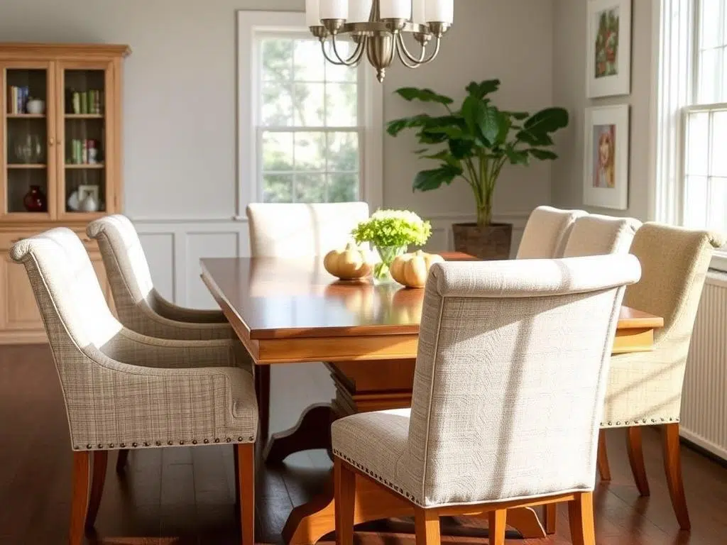 Stoffen eetkamerstoelen rond een houten eettafel in een lichte eetkamer Stoffen eetkamerstoelen rond een houten eettafel in een lichte eetkamer