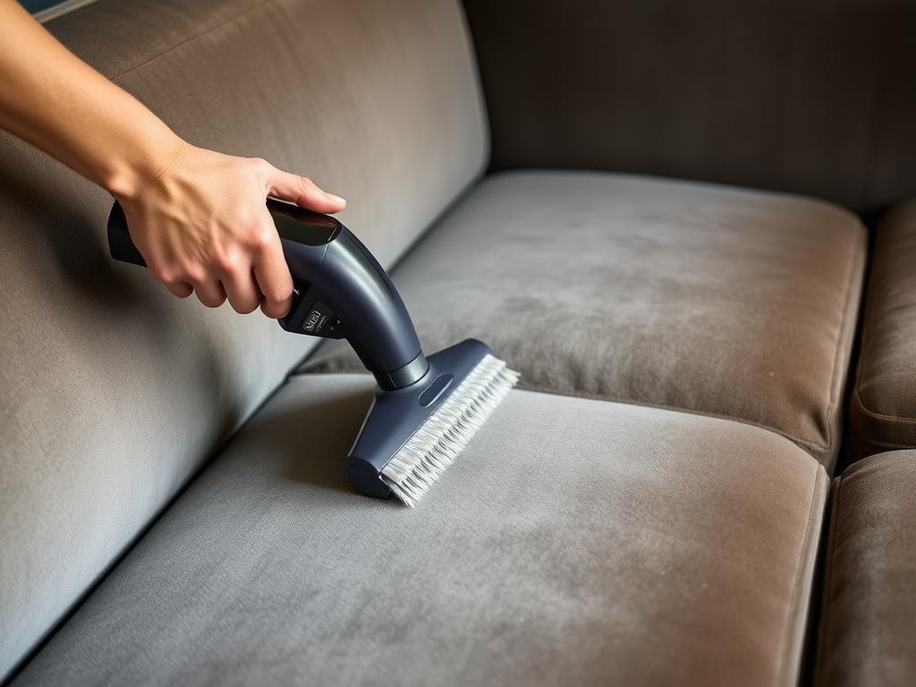 Stofzuigen van een fluwelen bank met speciale borstel Stofzuigen van een fluwelen bank met speciale borstel