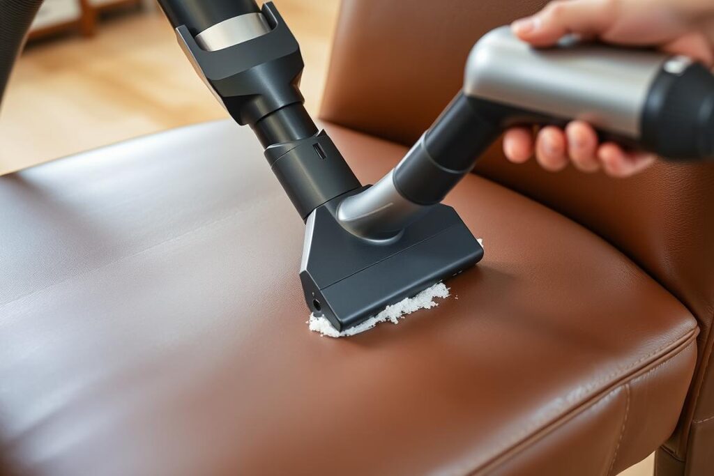 Stofzuigen van een leren eetkamerstoel met een meubelhulpstuk