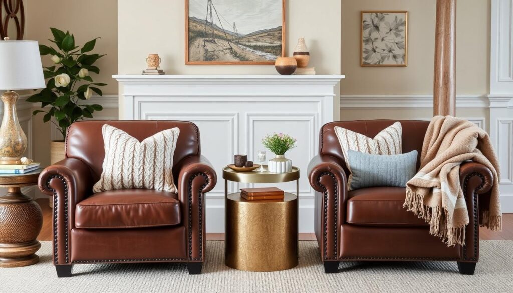 Styling van leren stoelen met decoratieve kussens en plaids Styling van leren stoelen met decoratieve kussens en plaids