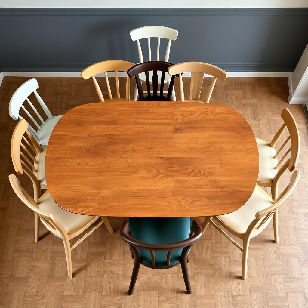 Symmetrische opstelling van verschillende eetstoelen bij een houten tafel Symmetrische opstelling van verschillende eetstoelen bij een houten tafel