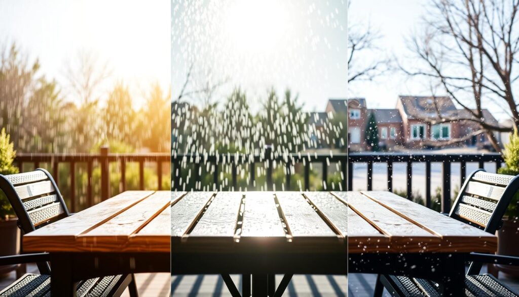 Tafel die buiten blijft staan tijdens verschillende weersomstandigheden zoals regen, zon en sneeuw Tafel die buiten blijft staan tijdens verschillende weersomstandigheden zoals regen, zon en sneeuw