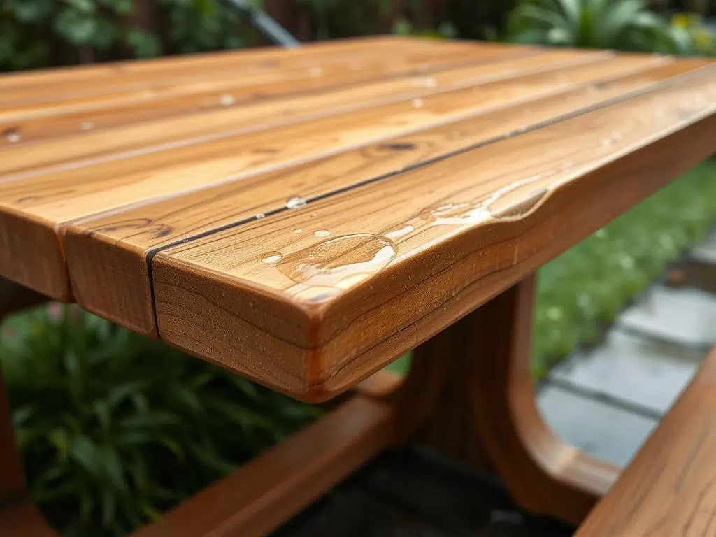 Teakhouten buitentafel die regen weerstaat door natuurlijke oliën Teakhouten buitentafel die regen weerstaat door natuurlijke oliën