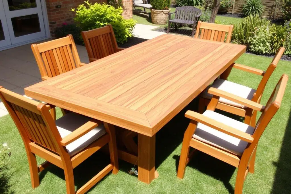 Teakhouten buitentafel in een verzorgde tuin Teakhouten buitentafel in een verzorgde tuin