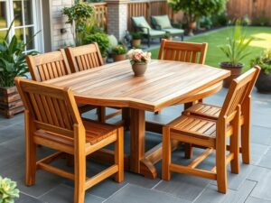 Teakhouten tuintafel op terras met stoelen
