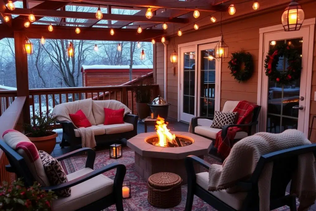 Terras in de winter met vuurkorf, warme dekens en sfeervolle verlichting Terras in de winter met vuurkorf, warme dekens en sfeervolle verlichting