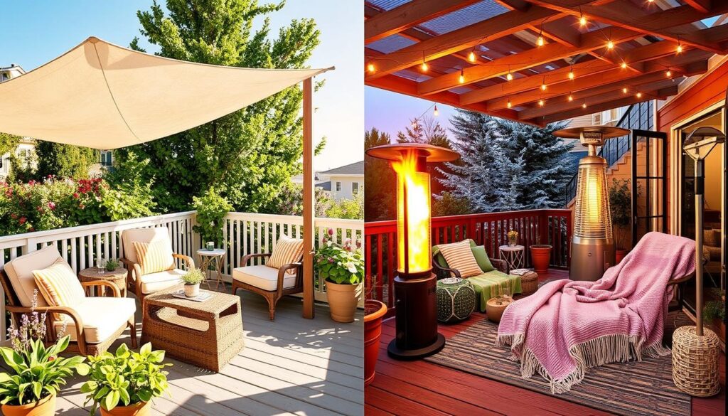 Terras ingericht voor verschillende seizoenen met aanpassingen voor zomer en winter