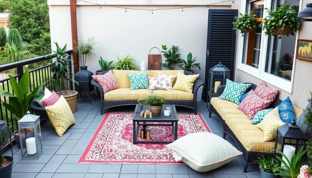 Terras met decoratieve elementen zoals kussens, een vloerkleed en decoratieve objecten